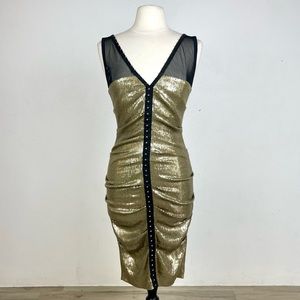 NICOLE MILLER Gold Sequin - Black Mesh Sexy Rouched MIDI Dress. Flattering! 8